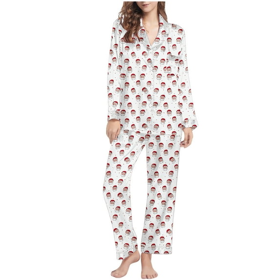 REORIAFEE Women's Sleepwear Sets Christmas 2 Piece Pajama Long Sleeve Button down Shirts and Pant Santa Graphic Loungewear White S-2XL