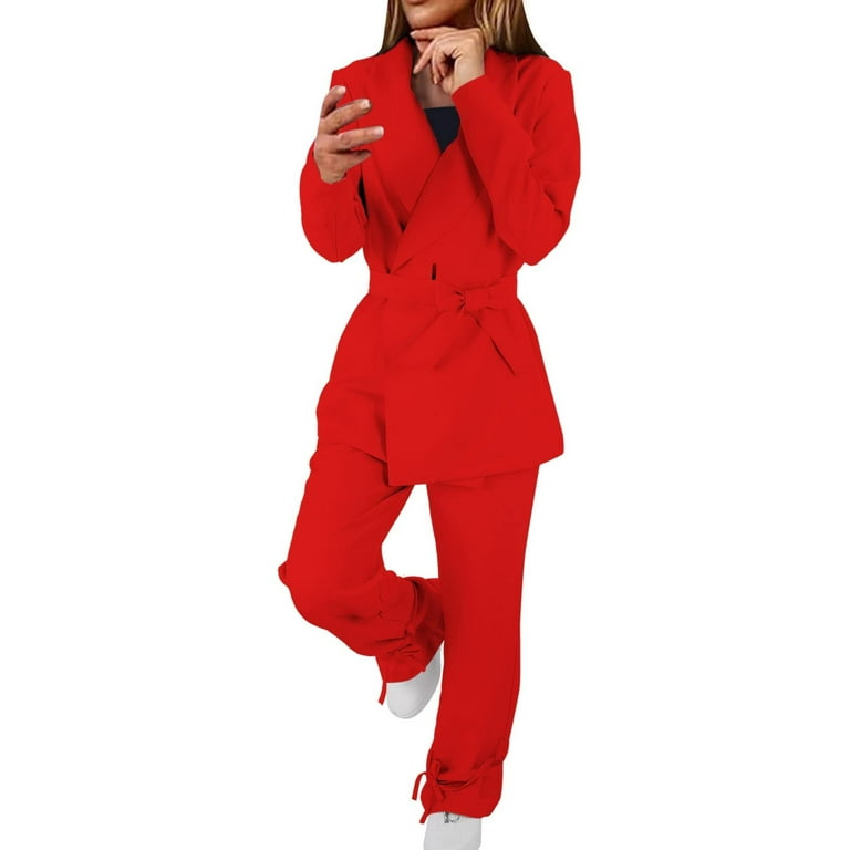 REORIAFEE Women's Summer Outfits Lounge Set Country Concert Outfit Women's  Long Sleeve Suit Pants Casual Elegant Business Suit Red XL 