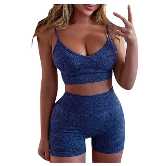 REORIAFEE Women's Summer Outfits Sets 2023 Trendy Lounge Sets Yoga Set Women Sleeveless 2 Piece Set Casual Short Pants Casual Yoga Outfit Sportswear Blue L