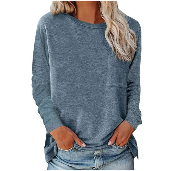 REORIAFEE Women's Tunic Tops Flowy Casual Blouses Shirts Soild O-Neck T-Shirt Tops Pocket Blouse Blue S