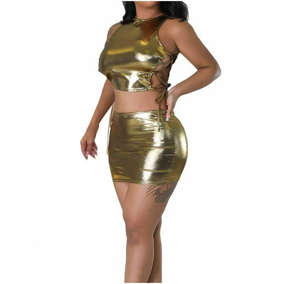 REORIAFEE Women's Two Piece Outfits Casual Set Clubwear Disco Outfit Fashion Women's Short Sleeve Round Neck Elastic Sequin Blouse Shirts Sets Gold L