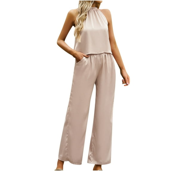 REORIAFEE Women's Two Piece Outfits Loose Sweatsuits Lounge Sets Beach Vacation Outfits Women's Fashion Casual Spring Summer Round Neck Sleeveless Blouse Tops Khaki XL