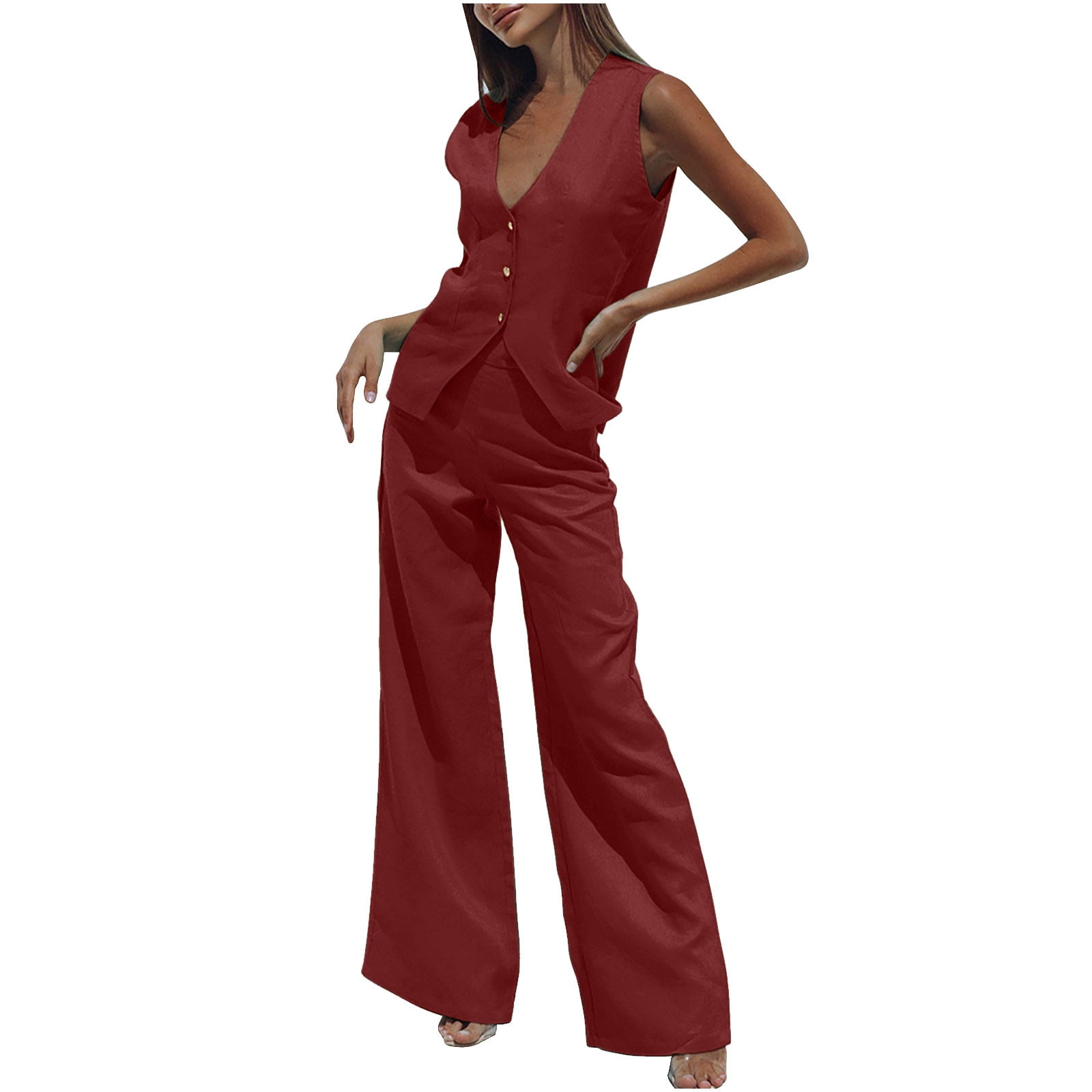 REORIAFEE Women's Two Piece Sports Outfit Tracksuit Jogger Sets Summer  Sports Yoga Sets 90s Themed Party Outfits Women's Two Piece Cotton Linen  Short Sleeve V Neck Tops Pants Set Wine S 