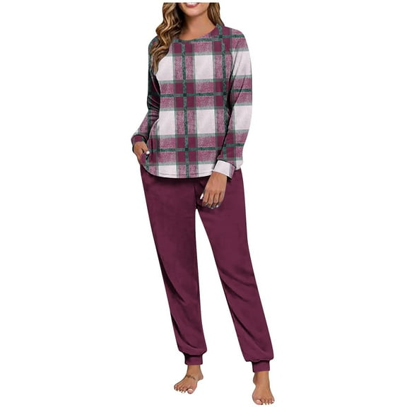 REORIAFEE Womens 2 Piece Lounge Sets Fleece Warm Pajama Long Sleeve Top and Jogger Plaid Soft Sleepwear Red S-2XL