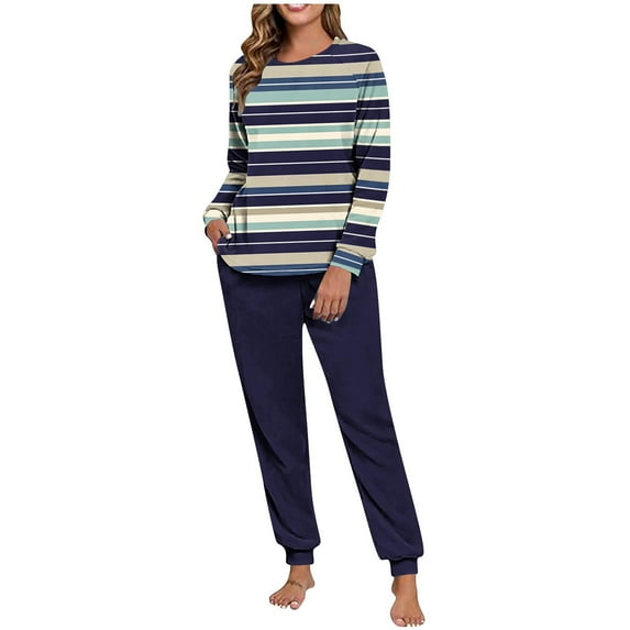 REORIAFEE Womens 2 Piece Lounge Sets Fleece Warm Pajama Long Sleeve Top and Jogger Striped Soft Sleepwear Dark Blue S-2XL