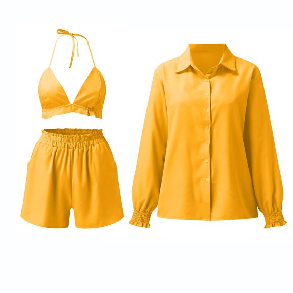 REORIAFEE Womens 3 Piece Outfits Sports Workout Set Beach Outfit Women's Summer Three Piece Print Lantern Sleeve Shirt Shorts Sexy Strap Fashion Casual Set Yellow XXL