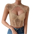 thumbnail image 1 of REORIAFEE Womens Black Tank Top with Lace Short Sleeve Tops Crewneck Tanks Cutout Lace Mesh Shirts Solid Print Pullover Vest Summer Going Out Fashion Clothing 2024 Khaki, 1 of 2