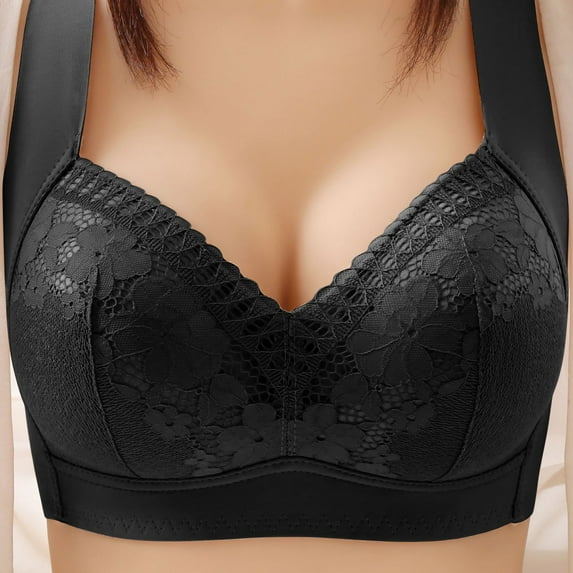 REORIAFEE Womens Bras No Underwire Full Support Gathered Daily Bra for Older People Bras V Neck Comfy Corset Bra Wide Strap Bra Comfortable Breathable Brassiere Anti-Sagging Bra