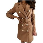 REORIAFEE Womens Business Casual Dress Long Sleeve Work Dresses Modest Dress Long Sleeve Button Dress V-Neck Pleated Party Skinny Dress Khaki S