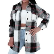 REORIAFEE Womens Casual Button Down Plaid Lapel Shacket Blouse Shirt Coat Plaid Lapel Woolen Button Up Pocketed Long Sleeve Shirt Coat Jacket Outwear Black L