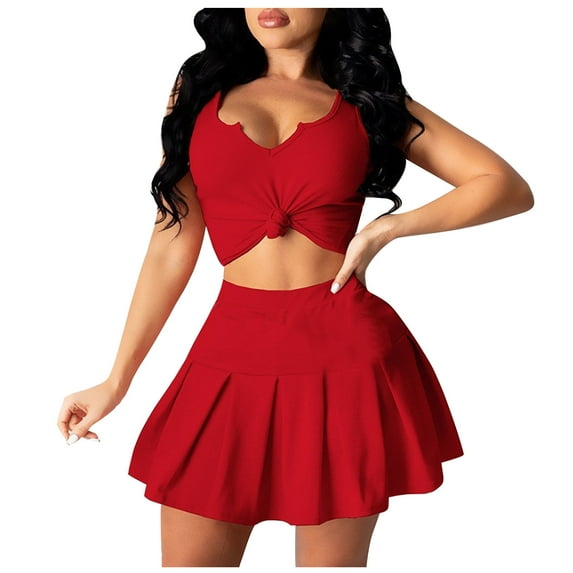 REORIAFEE Womens Casual Summer Outfits Beach Outfits Fashion Summer Women Backless Sleeveless Sexy High Waisted Dresses Shirts Sets Red M