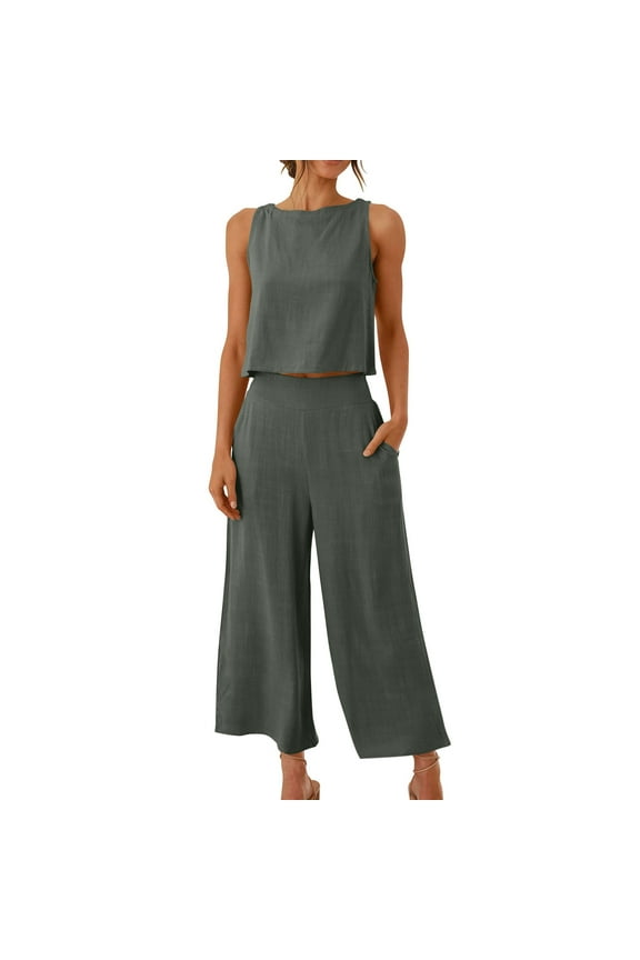 Womens Casual Summer Outfits Festival Outfits 2PC Fashion Women Round Neck Sleeveless Blouse + Loose Pockets Pants Sets Pink XXXL