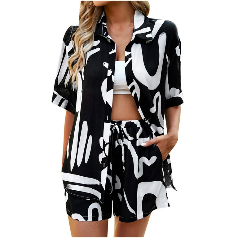 REORIAFEE Womens Country Concert Outfits 80s Outfit Women Summer Color  Pants Print Casual Two Piece Suit Black S 