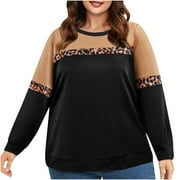 REORIAFEE Womens Crewneck Sweatshirt Long Sleeve Round Neck Sweatshirt Color Block Pullover Leopard Print Patchwork Tops Fall Outfits Womens Hawaiian Shirts and Blouses Black XXL