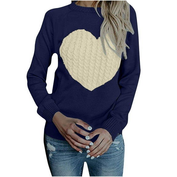 REORIAFEE Womens Knit Sweater Casual Slim Fit Pullover Jumper Tops Long Sleeve Round Neck Heart Print Sweater Cute Knit Pullover Slim Pullover Navy XXL