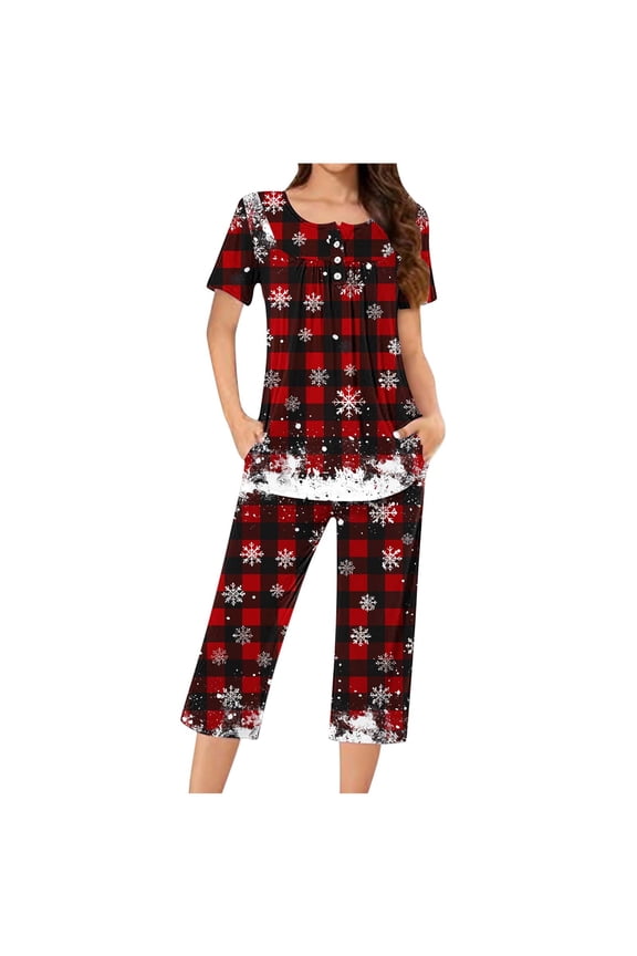 Womens Lounge Pants Sets Christmas 2 Piece Plus Size Pajama Short Sleeve Top and Capri Pant Snowflake Sleepwear Red S-3XL