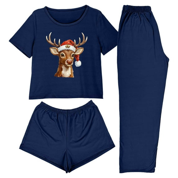 REORIAFEE Womens Lounge Pants Sets Christmas 3 Piece Pajama Short Sleeve Top and Shorts Santa Graphic Soft Sleepwear Navy XS-2XL