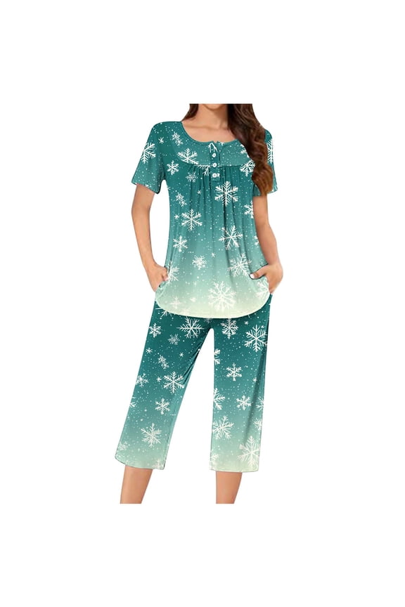 Womens Lounge Sets 2 Piece Outfits Christmas Plus Size Pajama Short Sleeve Top and Capri Pant Snowflake Sleepwear Mint Green S-3XL