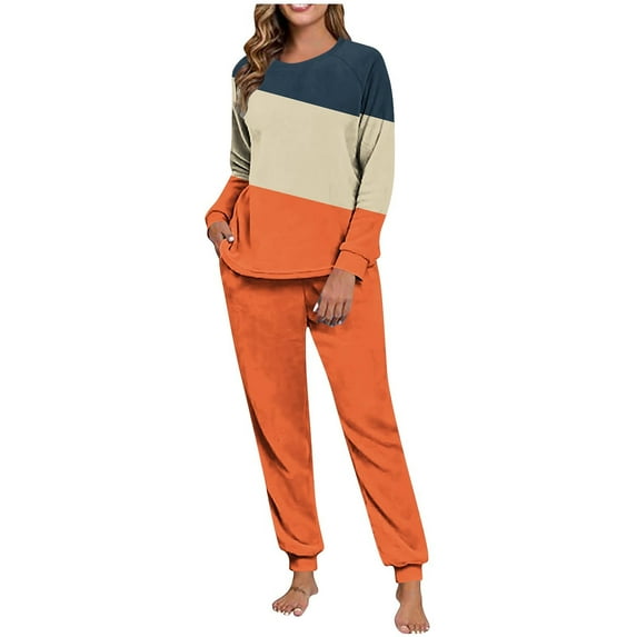 REORIAFEE Womens Lounge Sets 2 Piece Outfits Fleece Warm Pajama Long Sleeve Top and Jogger Color Block Soft Sleepwear Orange S-2XL