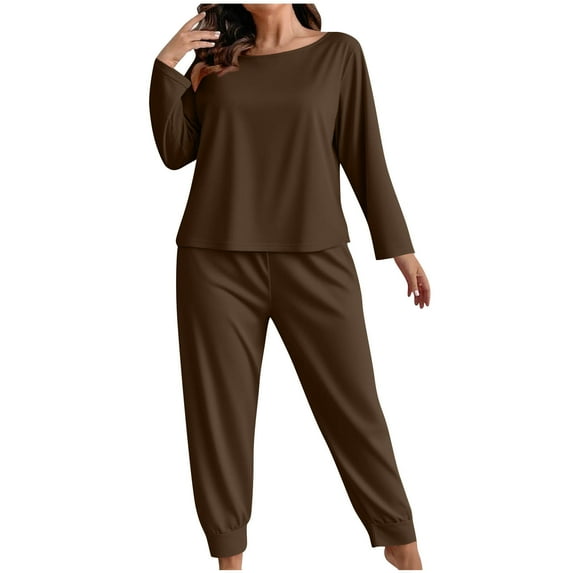 REORIAFEE Womens Pajama Sets Pants 2 Piece Plus Size Loungewear Long Sleeve Top and Pant Solid Color Soft Sleepwear Brown XL-5XL