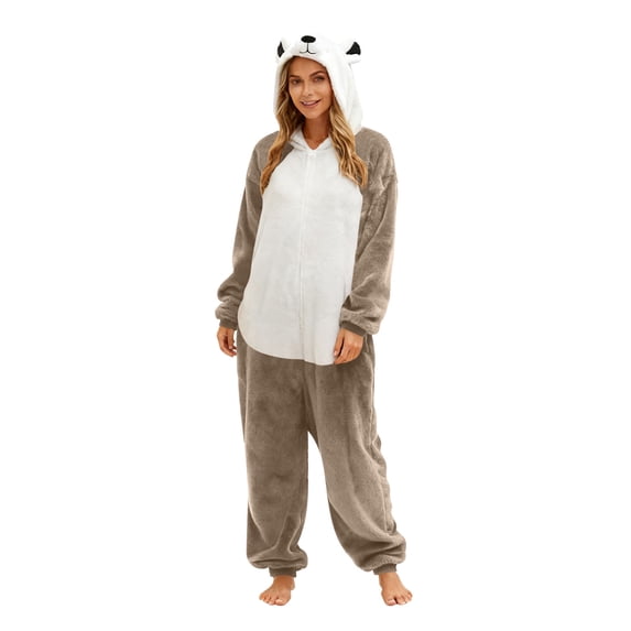 REORIAFEE Womens Pjama Set 1 Piece Fleece Warm Loungewear with Pockets Long Sleeve Jumpsuit Pants Color Block Pajama Sleepwear Khaki S-2XL