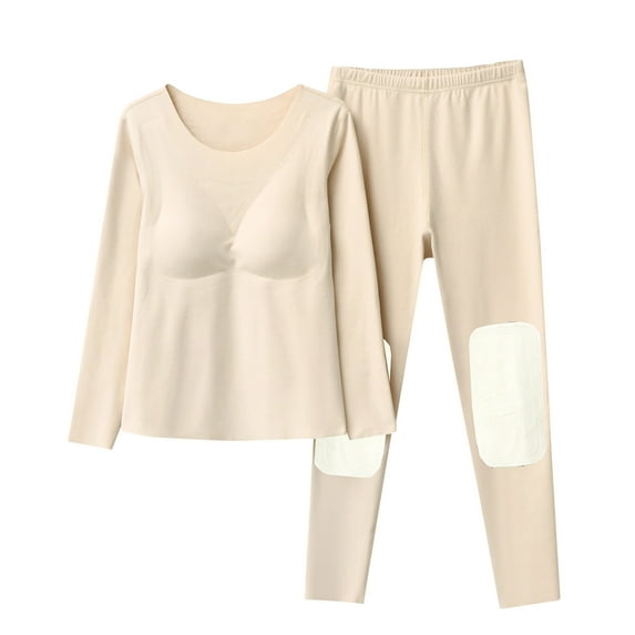 REORIAFEE Womens Pjama Set 2 Piece Plus Size Loungewear Long Sleeve Cotton Top and Pant Solid Color Soft Pajama Sleepwear Beige M-3XL