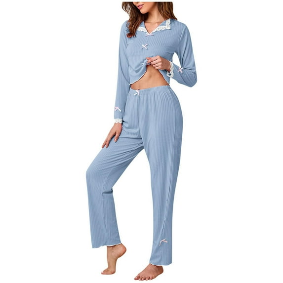 REORIAFEE Womens Pjs Sets 2 Piece Loungewear Long Sleeve Collared Top and Pant Solid Color Soft Pajama Sleepwear Blue S-XL