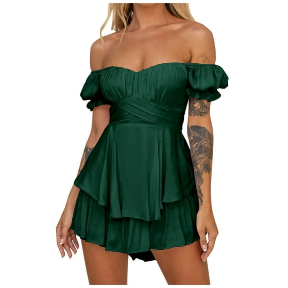 REORIAFEE Womens Romper Shorts Summer off the Shoulder Short Sleeve Playsuit Solid Color Women Rompers Dressy Suspender Short Jumpsuit Womens Romper Pants Army Green M