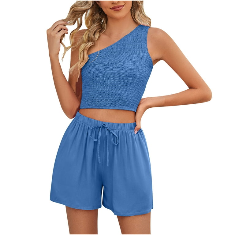 REORIAFEE Womens Sets Summer Going out Outfits Summer Suit Vest Casual  Short Sleeveless Cropped Fashion Body Women Clothing Blue M 
