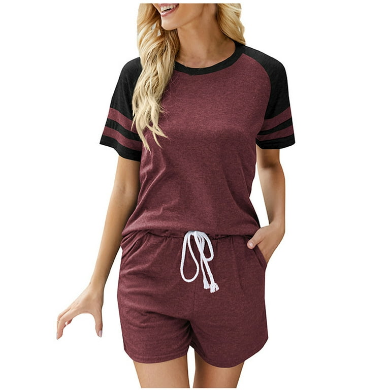 REORIAFEE Womens Summer 2 Piece Outfits Sets 2023 Summer Sets Clothes Date  Night Outfit Women's Fashion Sexy Summer Casual Short Sleeve Round Neck  T-Shirt Two Piece Set Wine S 