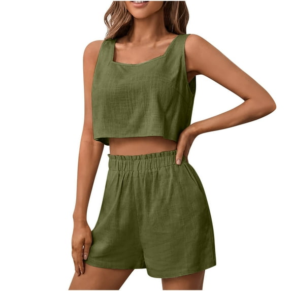 REORIAFEE Womens Summer 2 Piece Sets Lounge Outfits Matching Sets Festival Outfits Women's Two Piece Cotton Linen Sleeveless Square Neck Tops Shorts Set Army Green L