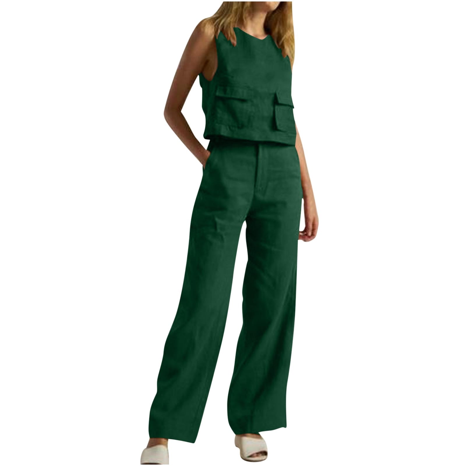 REORIAFEE Outfits for Women Summer Casual Vacation Sets Travel Outfit 2PC  Fashion Women's V Neck Sleeveless Top + Loose Pocket Pants Suit Coffee XXXL