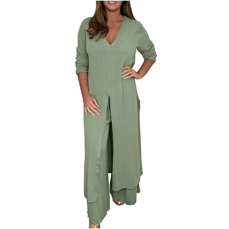 REORIAFEE Womens Summer Sets Outfits Country Concert Outfit Women's V Neck  Long Sleeve Top Pants Set Green XXXXXL