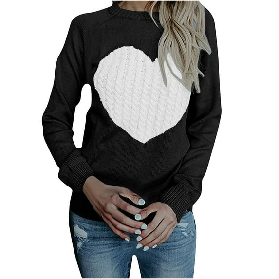 REORIAFEE Womens Sweaters Casual Knit Pullover Jumper Tops Long Sleeve Crew Neck Heart Print Sweater Cute Knit Pullover Slim Pullover Comfy Fall Outfits Black S