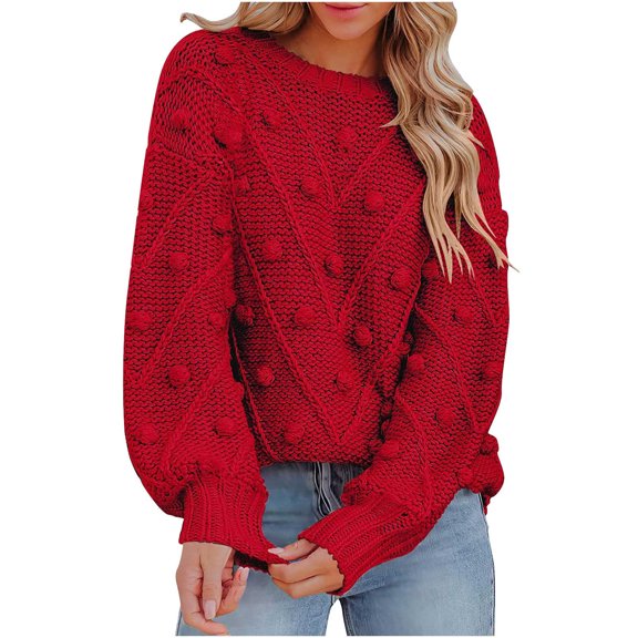 REORIAFEE Womens Sweaters Knit Sweater Pullover Fall Top 2023 Long Sleeve Crewneck Solid Color Sweater Classic Style Knit Pullover Modern Pullover Red XL