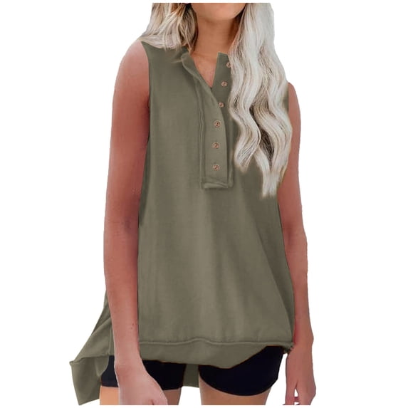 REORIAFEE Womens Tank Tops Loose Fit Athletic Sleeveless Tops Crewneck Tanks Irregular Hem Button Up Shirts Solid Print Pullover High Low Wide Strap Vest Summer Going Out Army Green