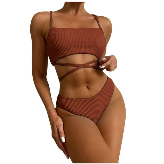 REORIAFEE Womens Tankini Bathing Suits Beach Vacation Bikini Bandage Two Piece Push Up Pad Swimwear Beachwear Set Coffee M