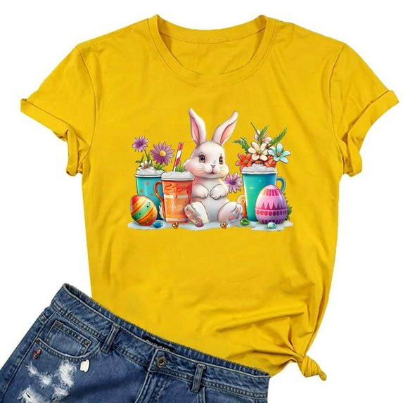 REORIAFEE Womens Tees Short Sleeve Easter Graphic Short Sleeve Shirts Crew Neck Funny Fashion Tees Casual Comfy Tops Yellow XL