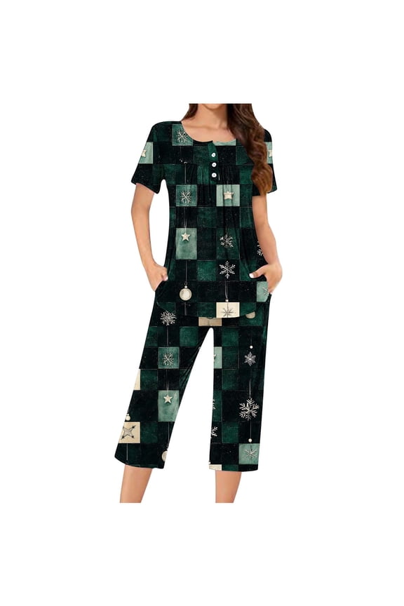 Womens Two Piece Lounge Set Christmas 2 Piece Plus Size Pajama Short Sleeve Top and Capri Pant Snowflake Sleepwear Army Green S-3XL