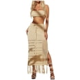 thumbnail image 1 of REORIAFEE Womens Two Piece Outfits Matching Set Summer Vacation Trendy Clothes Women's Cut out Bikini Blouse Summer Breast Wrap Long Skirt Two Piece Lace up Beach Skirt Beige L, 1 of 5