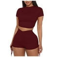 thumbnail image 1 of REORIAFEE Womens Workout Gym Soft Comfy Fashion Workout Beach Outfit Fashion Women Sexy Short Sleeve Round Neck Drawstring Pants Shirts Sets Wine XL, 1 of 6