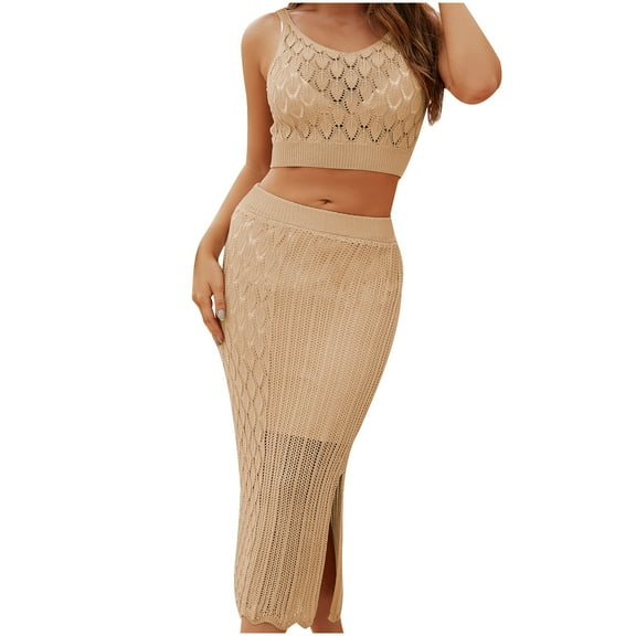 REORIAFEE Work out Sets for Women 2 Piece Cute Summer Outfits Women's Stripe Two Piece Set Tank Tops Long Dress Set Khaki S
