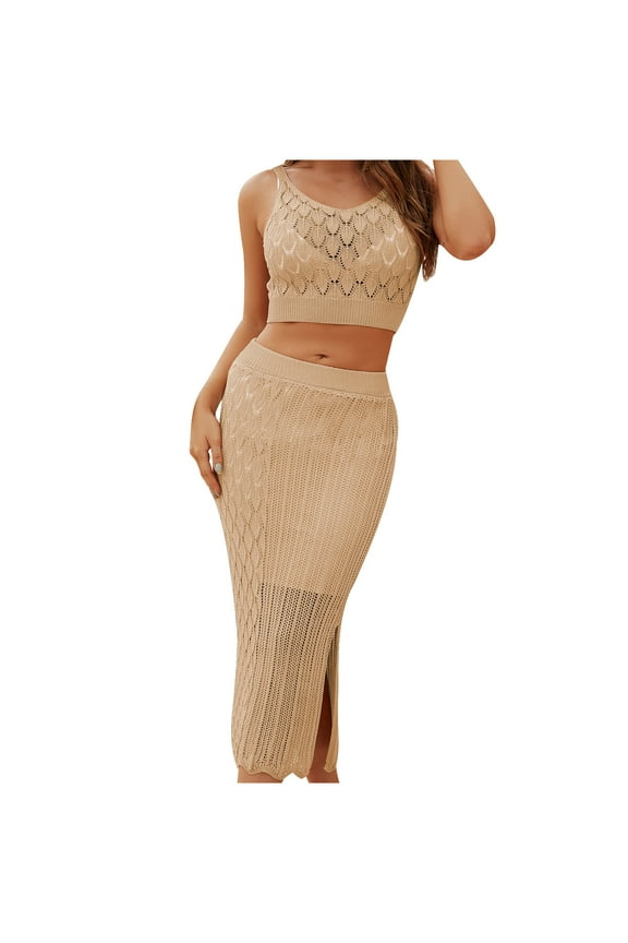 Work out Sets for Women 2 Piece Cute Summer Outfits Women's Stripe Two Piece Set Tank Tops Long Dress Set Khaki S