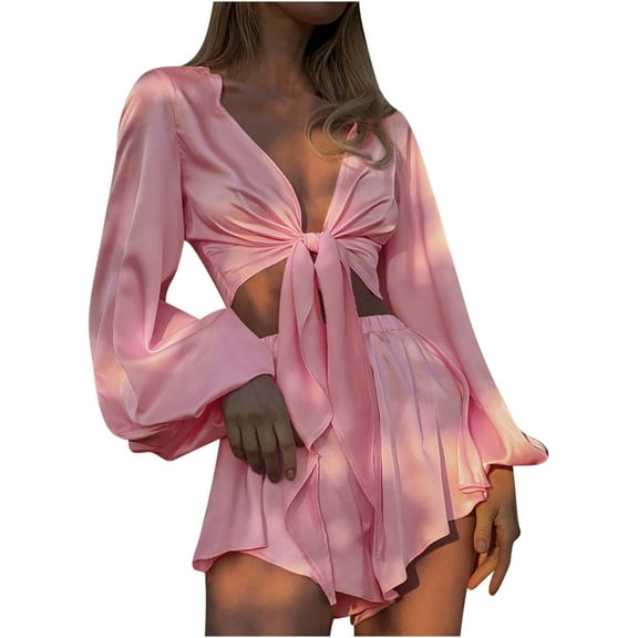 REORIAFEE Workout Clothes for Women Sets Beach Vacation Outfits Sexy Fashion Women Casual Long Sleeve V Neck Blouses Shirts Sets Pink L