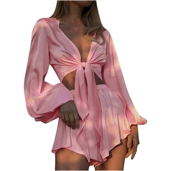 REORIAFEE Workout Clothes for Women Sets Beach Vacation Outfits Sexy Fashion Women Casual Long Sleeve V Neck Blouses Shirts Sets Pink L