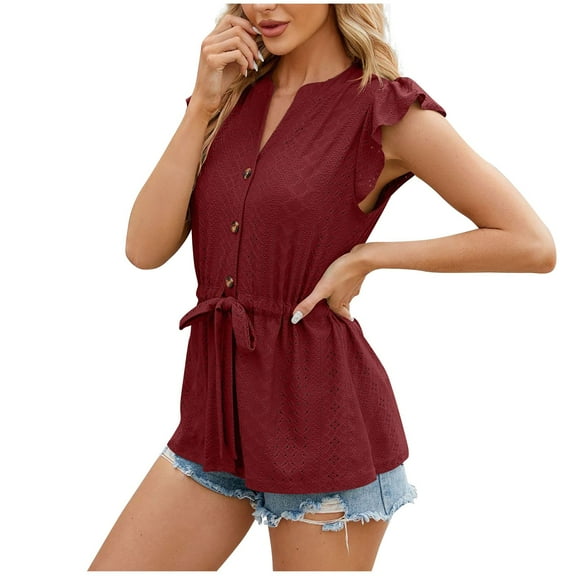 REORIAFEE Workout Tanks for Women Loose Fit Plus Size Ruffle Sleeves Tops Drawstring Tanks Eyelet Embroidery Botton Down Shirts Solid Print Pullover Ruched Vest Summer Going Out Wine