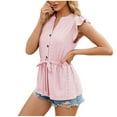 thumbnail image 1 of REORIAFEE Workout Tanks for Women Loose Fit Plus Size Ruffle Sleeves Tops Drawstring Tanks Eyelet Embroidery Botton Down Shirts Solid Print Pullover Ruched Vest Summer Going Out Pink, 1 of 4