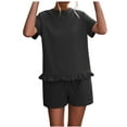 thumbnail image 1 of REORIAFEE Yoga Outfits for Women Set Travel Outfit Women's Spring Summer Round Neck Ruffle Short Sleeve Shorts Casual Suit Black L, 1 of 5