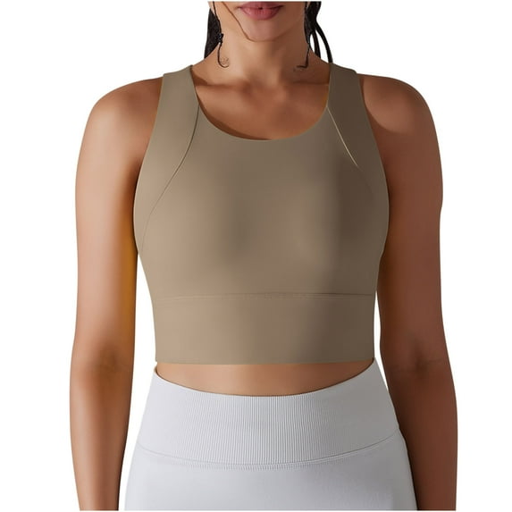 REORIAFEE Yoga Tank Tops for Women Sleeveless Tops Crewneck Tanks Quick Dry Crop Shirts Solid Color Pullover Shapewear Wide Strap Vest Summer Going Out Fashion Clothing Khaki