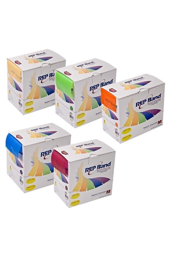 Band exercise band - latex free - 50 yard, set of 5 (1 each: peach, orange, lime, blueberry, plum)